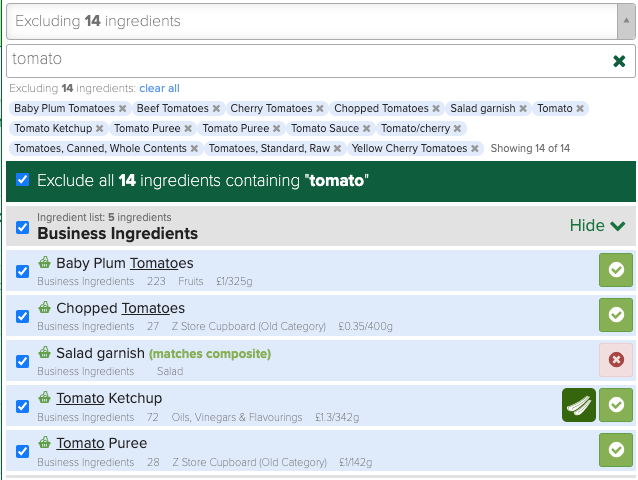 Figure 1: A screen used by the kitchen to search for and exclude recipes containing ‘tomato’