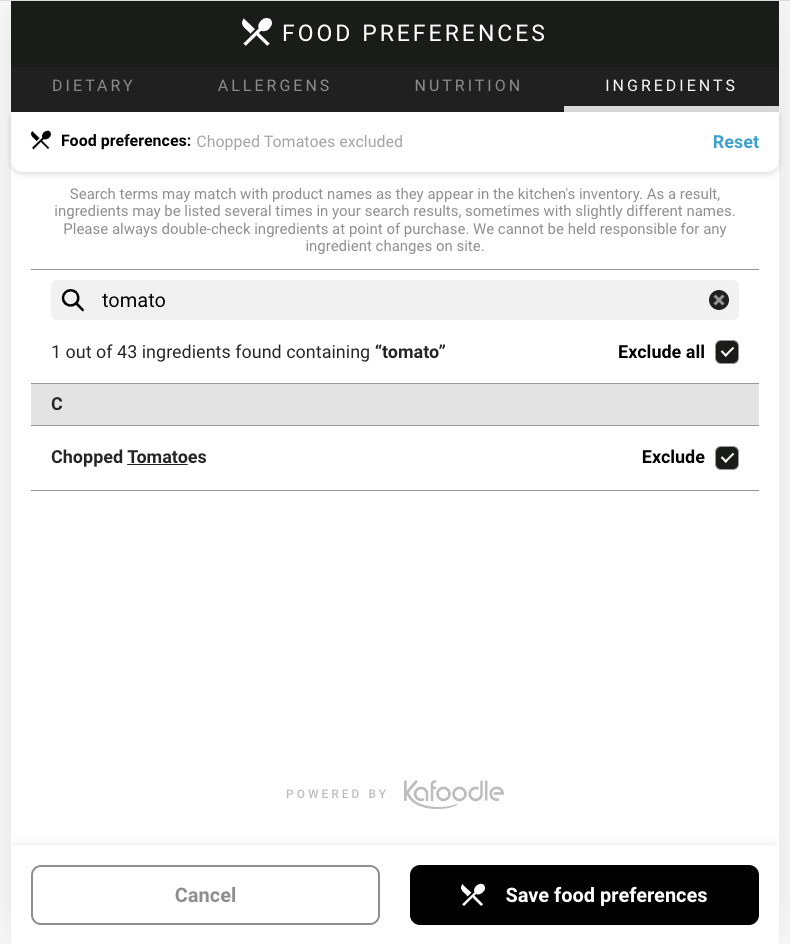 Figure 3: A pupil screen used to exclude recipes containing ‘tomato’